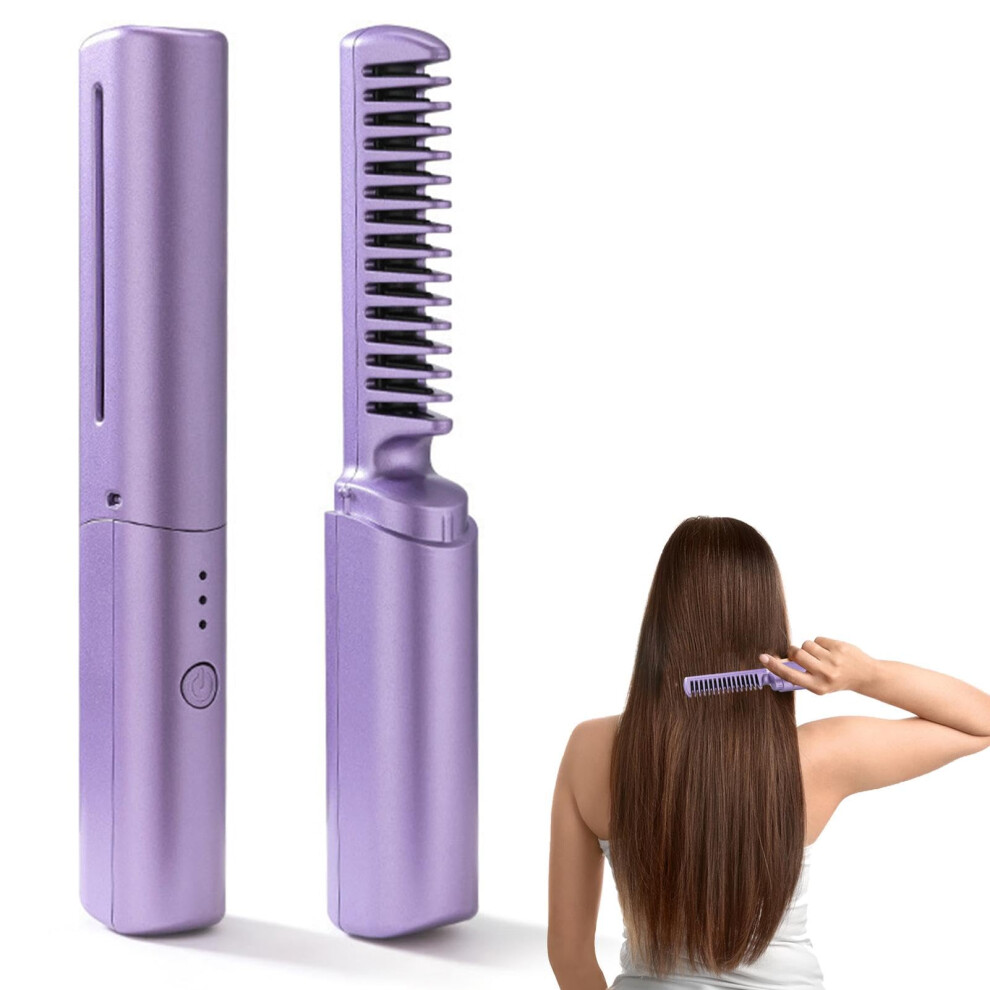 Purple Rechargeable Mini Cordless Hair Straightener 2In1 Antiscald Brush And Curler, Negative Ion Styling Comb