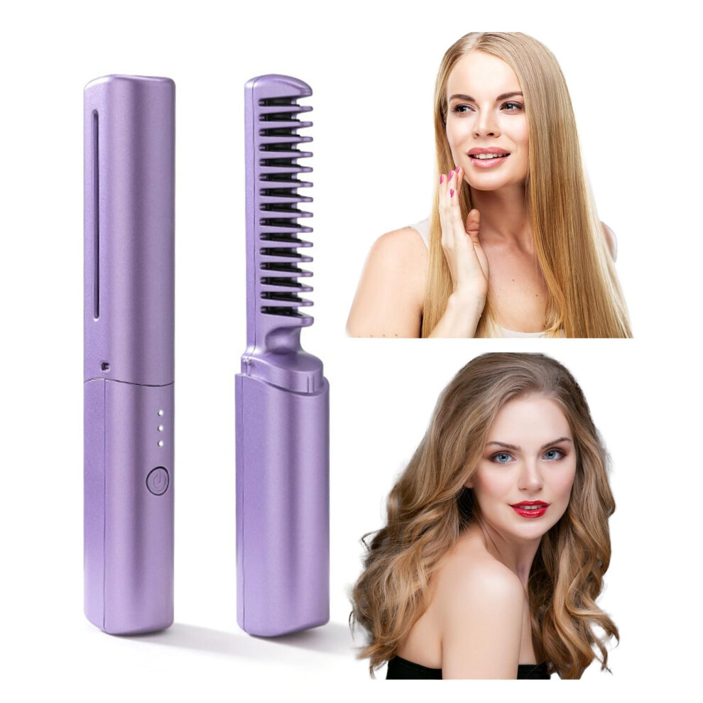 Purple Mini Hair Straightener Usb Rechargeable 2In1 Cordless Travel Brush And Curler Ceramic