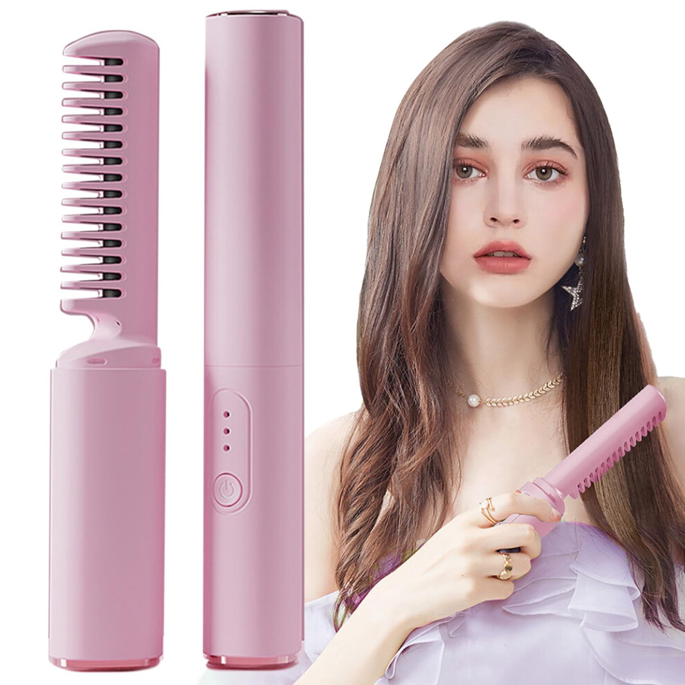 Pink Brush Straightener 18.5Cm Ceramic Heated Comb, Rechargeable Cordless Hair Straightening Brush, Adjustable Temp,