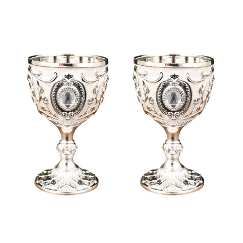 2Pcs Vintage Medieval Goblet Drinking Glass Metal-Silver white