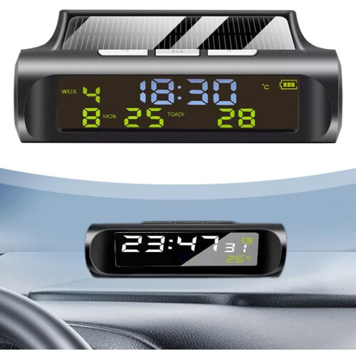 Solar Car Clock with RealTime Temperature Display and SolarPowered Charging for Dashboard 1