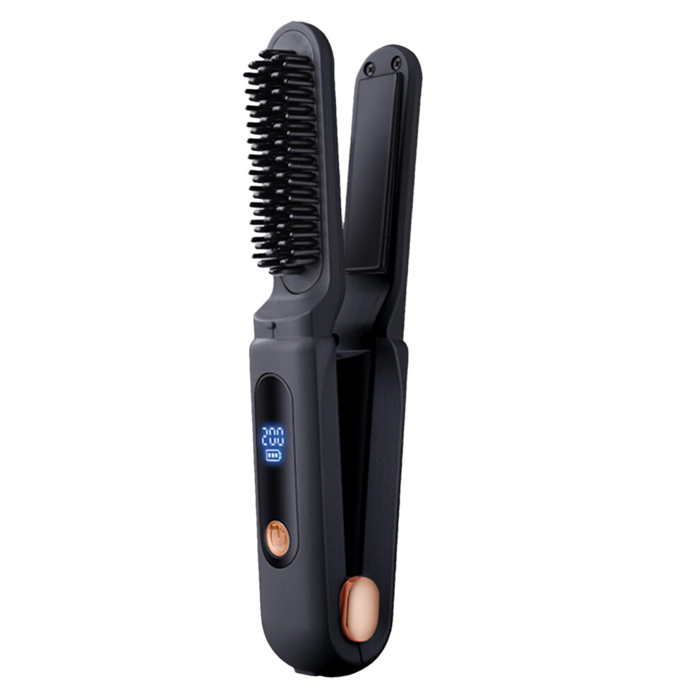 Unisex Black Hair Straightener Brush Cordless Portable 2In1 Negative Ion Flat Iron Comb Travel