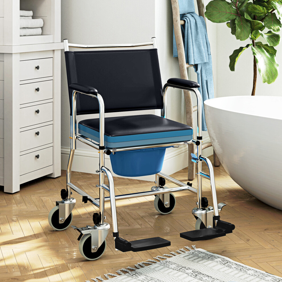 Homcom Shower Wheelchair, Commode Wheeled Chair With Padded Seat, Backrest