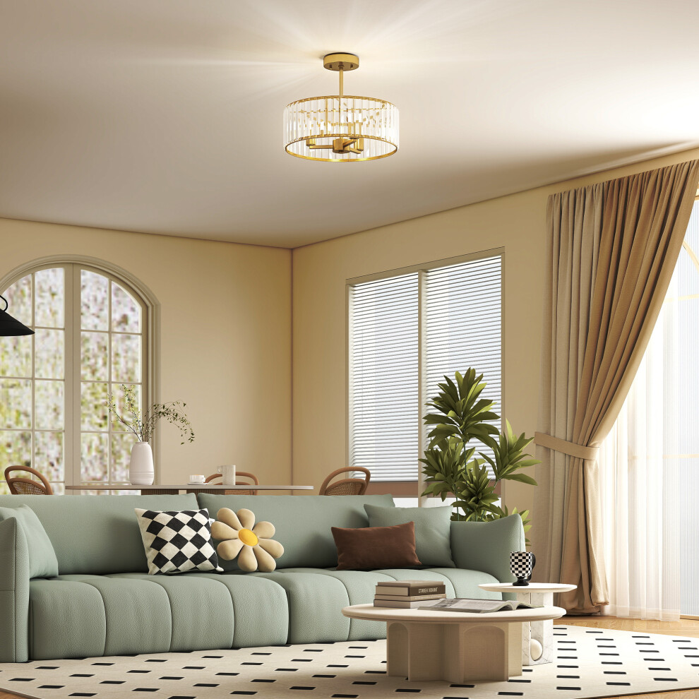 Homcom Semi Flush Mount Modern Crystal Chandelier Ceiling Light, Gold Tone