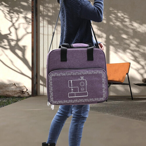 Sewing Machine Tote Bag, Multiple Pockets, Shoulder Strap, Dark Purple, Gray 1