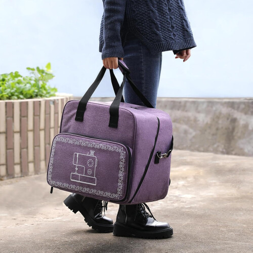 Sewing Machine Tote Bag, Multiple Pockets, Shoulder Strap, Dark Purple, Gray 2