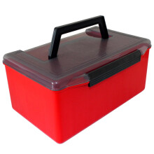 Angel box with 52 compartments, plastic, lined, for squid lures, hard baits, tool case, portable fishing storage, organizer, red.