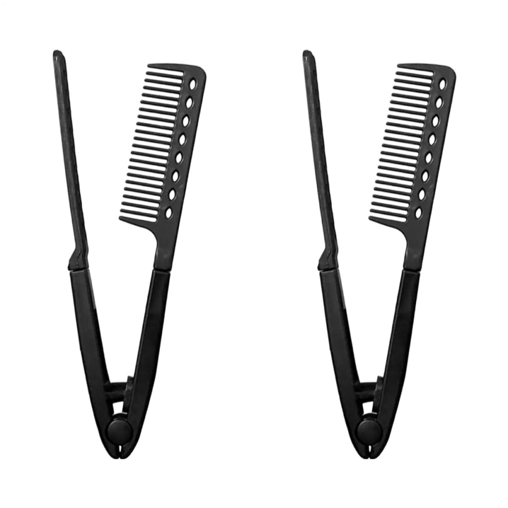 Unisex Black Hair Straightening Comb 2Piece Set, Heatresistant Vshaped Styling Comb, Straightening Brush For Frizzy Hair,
