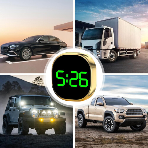 Car Dashboard Clock with Brightness LCD Display, Adhesive Mount, Compact Gold Design 2