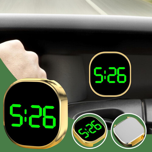 Car Dashboard Clock with Brightness LCD Display, Adhesive Mount, Compact Gold Design 1