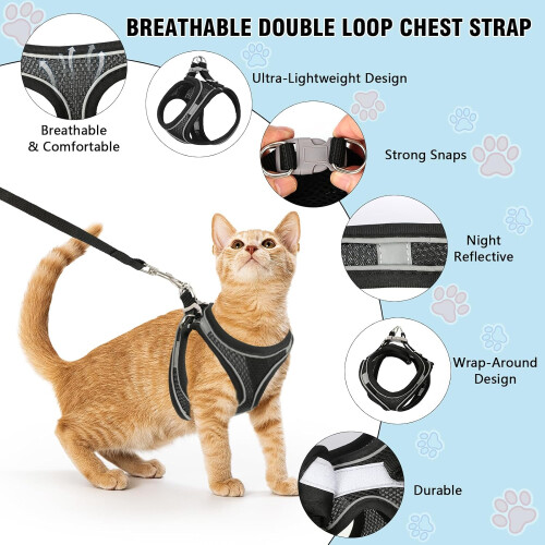 Breathable Cat Harness Set, Escape Proof Reflective, Adjustable with Lead (S) 1