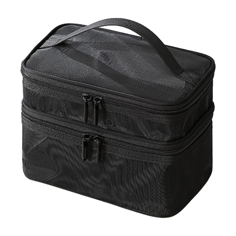 Doublelayer makeup bag, large mesh travel cosmetic bag with double zippers, sturdy handle