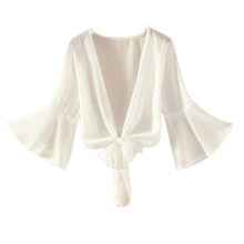 Women 2025 Summer Tie Front Beach Cove Up Sheer Shrug Cropped Bolero Cardigan Long Sleeve Beach Shirt Large White1