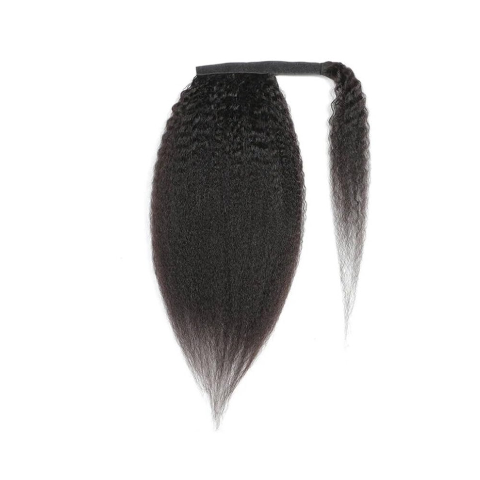 Unisex Black Kinky Straight Ponytail Human Hair With Wrap Around Clipin Extensions, Brazilian Yaki Wavy, Natural 16 Inch 100G
