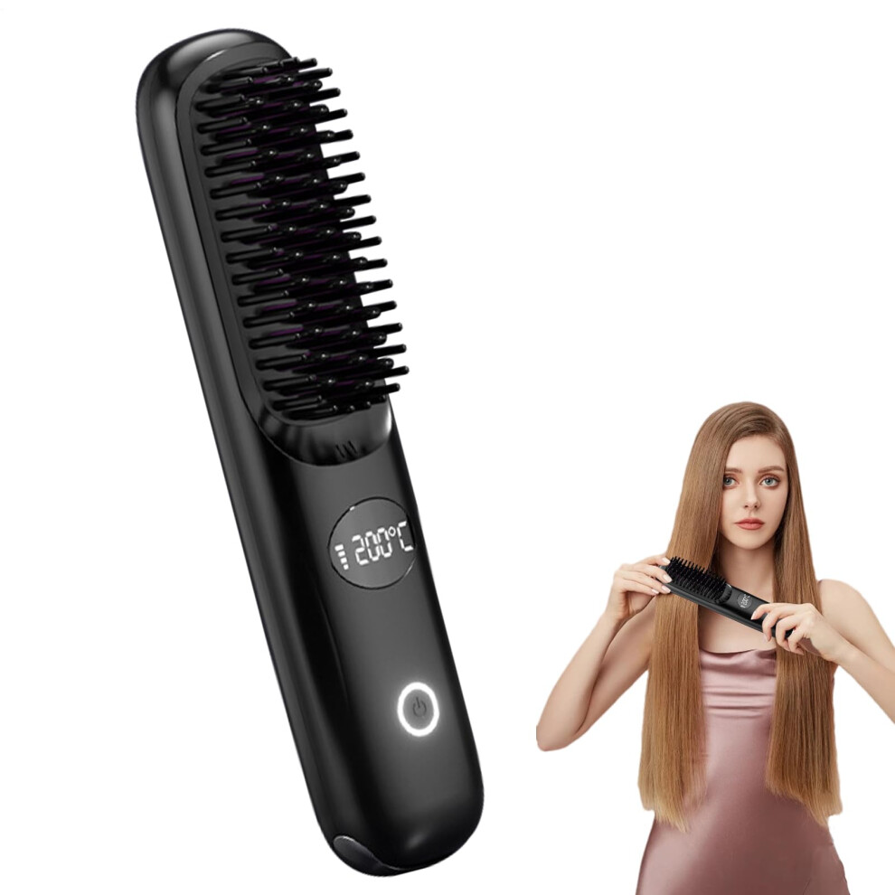 Hair Straightener Brush with Ceramic Heating, USB Rechargeable Cordless Comb for All Hair Types