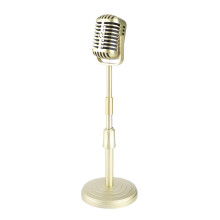 Vintage Microphone Prop Model, Simulation Oldfashioned Microphone with Stable Base and Support Bar, Retro Style Mic Prop Set for Photography, Gold
