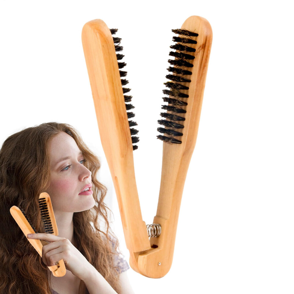 Wooden Boar Bristle Hair Straightening Brush with V Shape Dual Side Comb for Thick Hair Styling