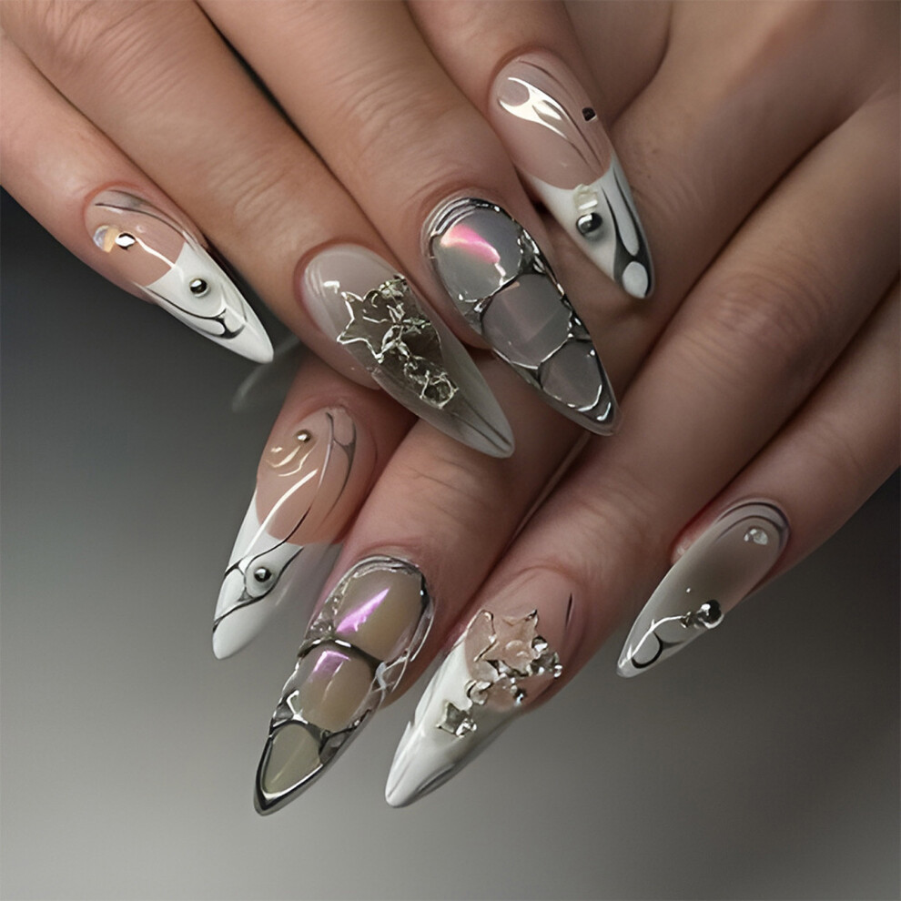 Glossys Rhinestones Accented Almond False Nail Reusable Press On