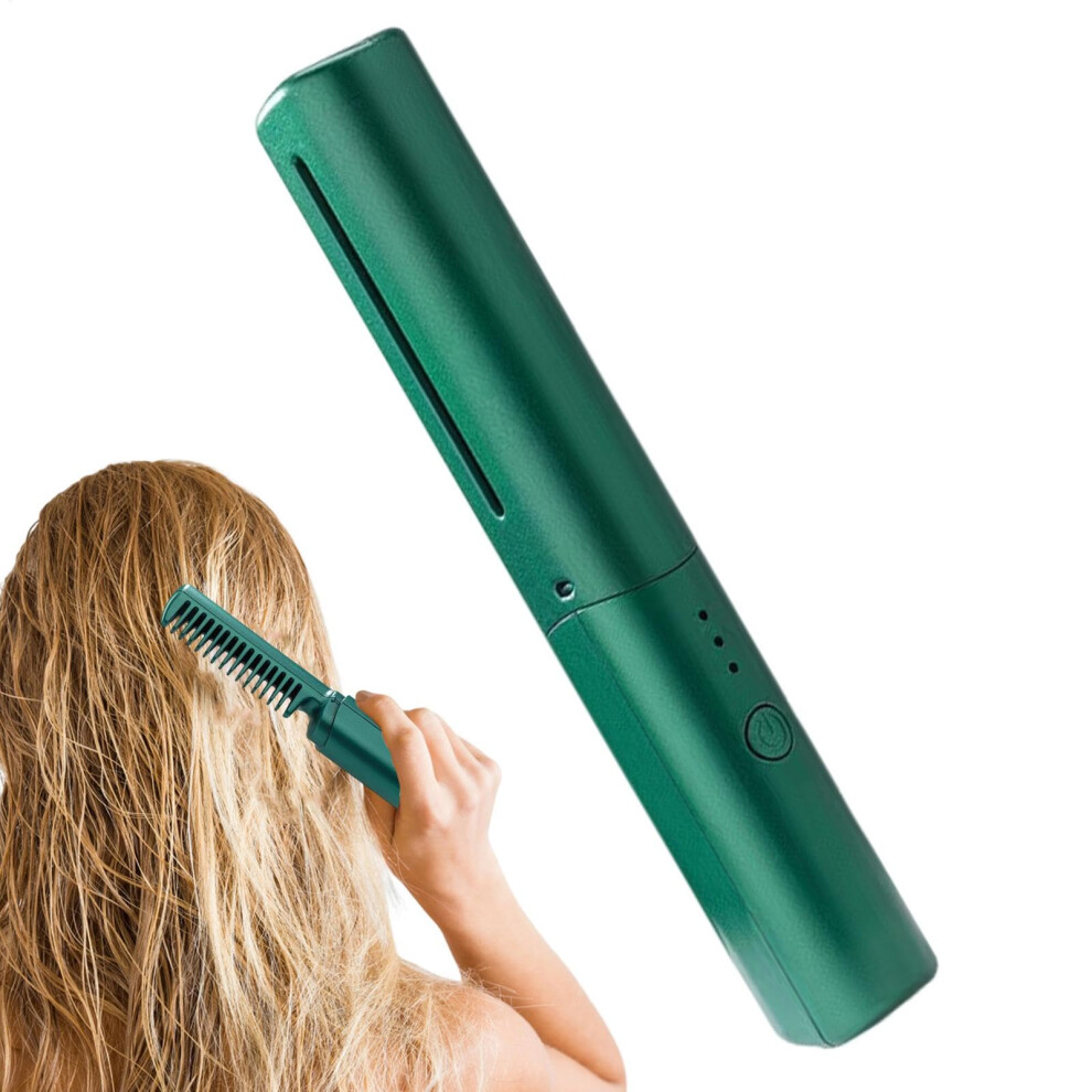 Cordless Hair Straightener Brush with Ceramic Smooth Coating and Adjustable Temperature for Travel  Green