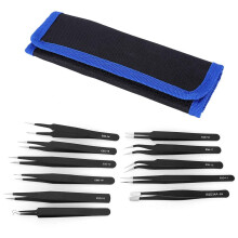 AntiCorrosion Accuracy Tweezers Set Stainless Steel Portable Antimagnetic 11 Pieces with Bag