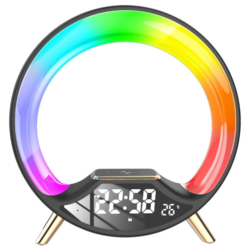 Led Night Wireless Charging Bedside Lamp Rgb Ambient Bluetooth Speaker Sunrise Alarm Clock Light/Black