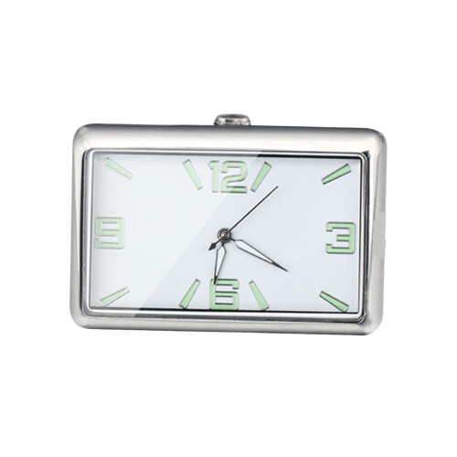 Stick On Dashboard Car Clock, Mini Quartz Analog, Luminous Dial, Silver, Self Adhesion, Air Vent Mount, Horizontal