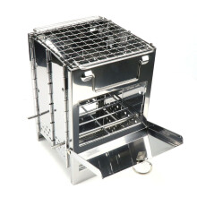 Réchaud de camping pliable et portable en acier inoxydable, fonctionnant au bois, avec une plateforme de cuisson stable. Idéal pour les