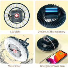 Ventilateur de camping portable, lanterne LED rechargeable par USB, étanche, éclairage à 360, idéal pour les situations d'urgence en intérieur
