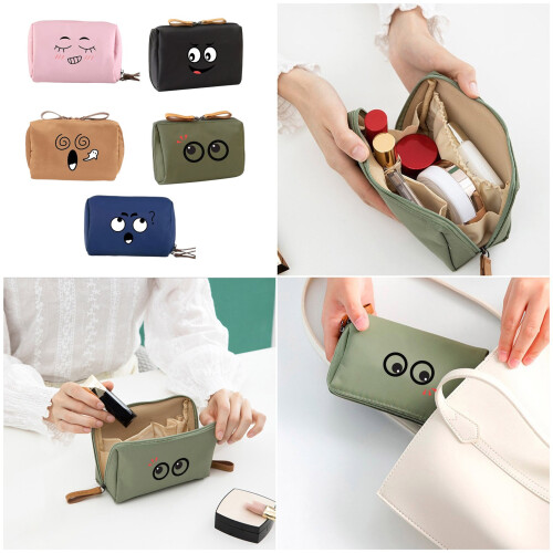Aesthetic Smile Patterned Nylon Toiletry Bag with Large-Khaki 2