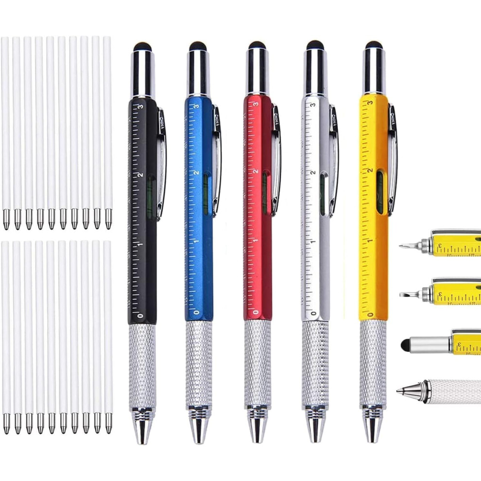 Multifunctional Pen, 8 Pack, 6In1 Ballpoint Pen With Ruler, Level, Stylus, Screwdriver (Yellow, Black, Gold, Silver) 9001264372866