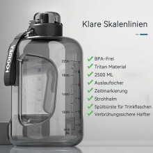 Motivierende Wasserflasche, BPA-frei, großes Fassungsvermögen (2500 ml), wiederverwendbare Sportflasche mit Zeitmarkierung, auslaufsicheres Design