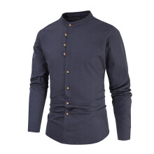 Men's Cotton Linen Shirt Regular Fit StandUp Collar Long Sleeve Blue Size M
