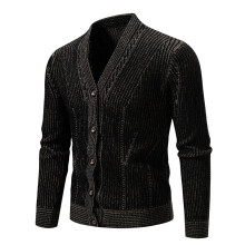 Men's Slim Fit Casual Knitted Coat With Pockets VNeck Long Sleeve Black XXL