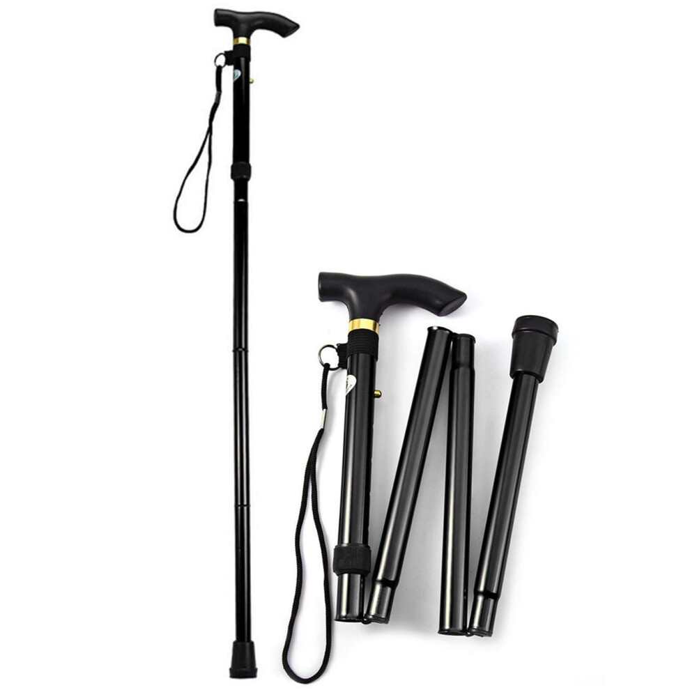 Black Walking Stick Aluminum Height Adjustable Folding Cane For Elderly Outdoor Hiking Non Slip Tip