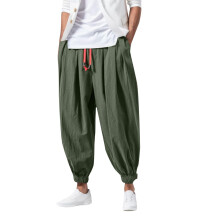 Harem Trousers Men's Linen Summer Casual Elastic Waist Baggy Wide Leg Breathable Lightweight Army Green Long XXL