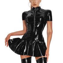 Women's Wetlook Mini Dress Leather Bodycon Dress Tight V Neck XLXXL Black