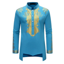 African Men's Shirt Dashiki Print African Tribal Graphic Mandarin Collar Sky Blue XXL Formal