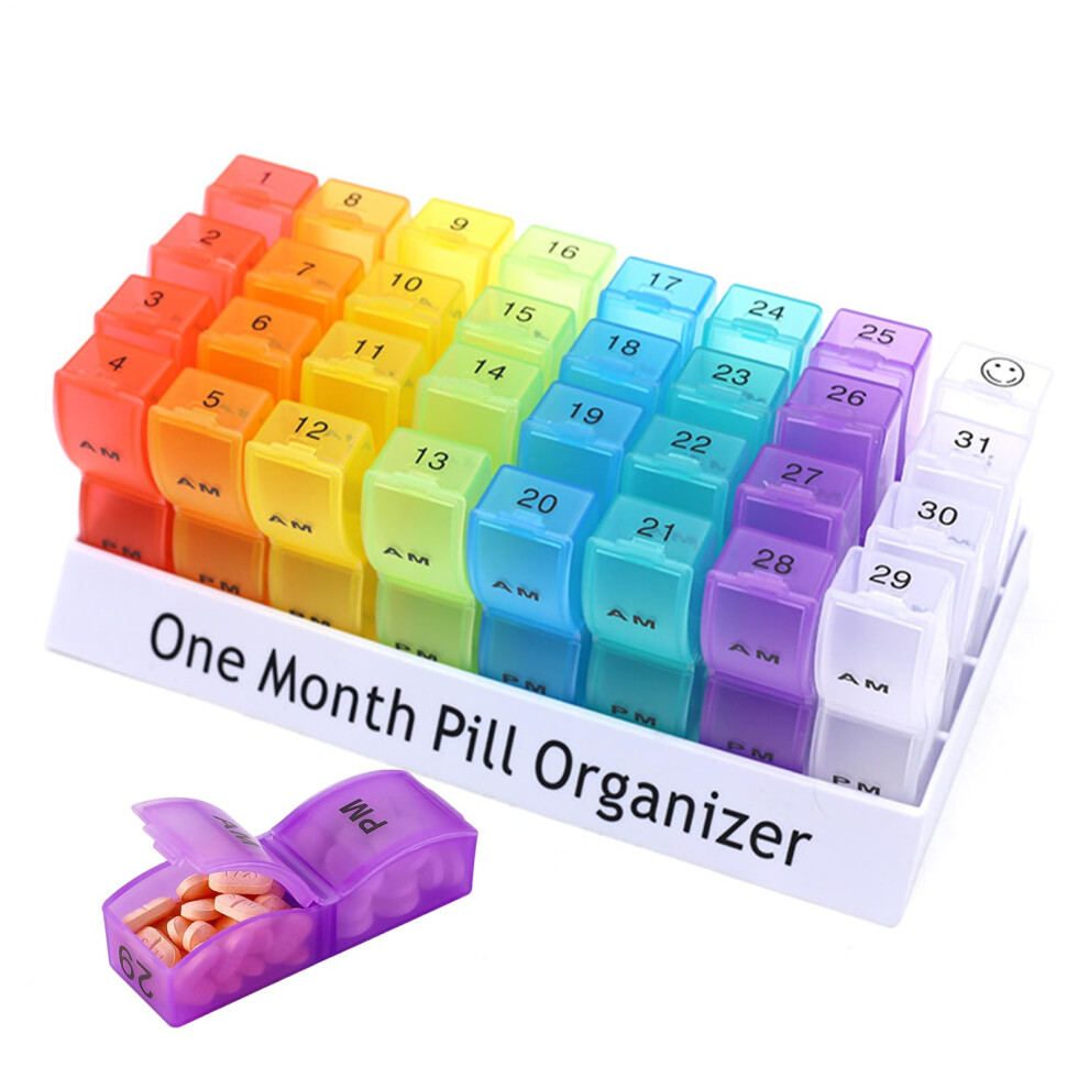 Pill Organizer 32Compartment 31 Day AM/PM Medication Organizer 8.07 x 4.05 x 2.75 Inches Daily Removable Compartments