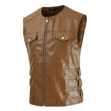 Men's Motorcycle Leather Vest With Zip Pockets Brown 3XL Heavy Metal Rock Style Sleeveless Crew Neck
