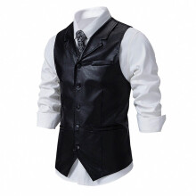 Men's Leather Vest Casual Motorcycle Vest Lightweight VNeck Single Breasted Sleeveless Jacket With Pockets Black XXL