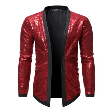 Men's Cardigan Jacket Shiny Sequin Blazer Slim Fit Party Wear Nightclub Style Red XXL