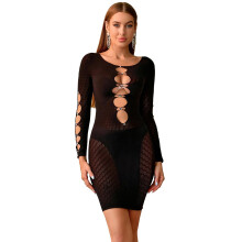 Women's Sexy Dress Cut Out Front Shiny Rhinestone Bodystocking Long Sleeve Fishnet Stretchy Tight Skirt Hot XSXXL Black