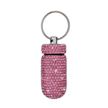 Rhinestone Pill Case Portable Waterproof Pill Box With Keychain Pink For Camping Travel Outdoor