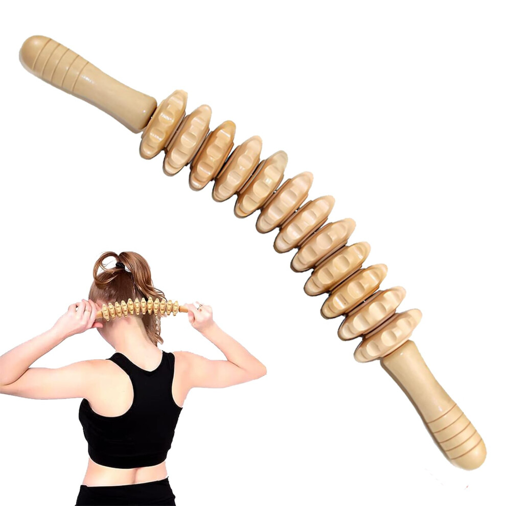 Wooden Massage Roller with Handle, Fascia Roll, AntiCellulite Massager for Muscle Relaxation