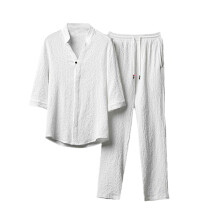 TwoPiece Men's Linen Suit, Short Sleeve Shirt And Trousers, O White, 4XL, LinenBlend, ButtonDown Lapels