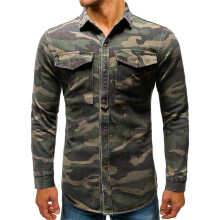 Jeans Shirts For Men Denim Camouflage Shirt Vintage Long Sleeve Outdoor Mountaineering Work Shirt Metal Press Stud Closure XXL