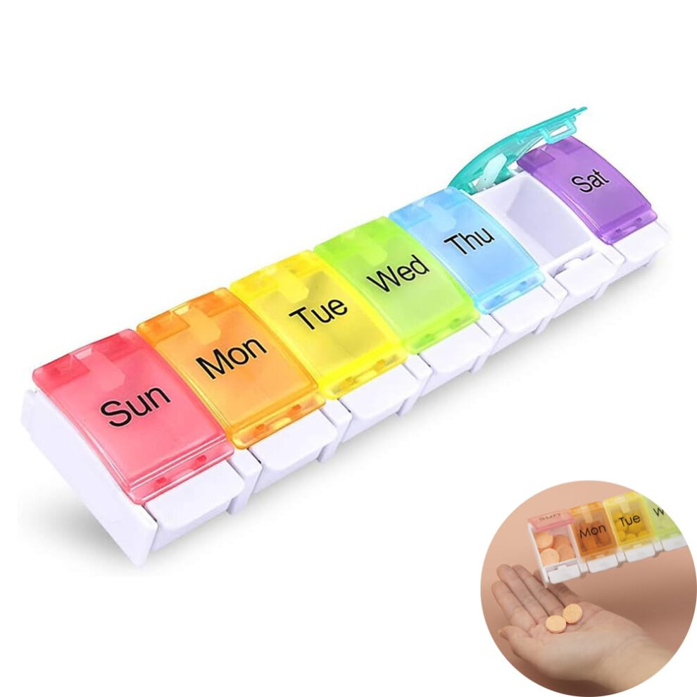 7 Day Pill Organiser Box, 7 Colors Compartments EasyOpening Push Button For Medication Reminder, Elderly And Children