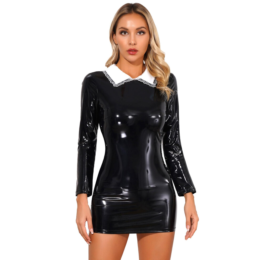 Black Women's Patent Leather Dress Wetlook Mini Dress Sexy Short Bodycon Evening Dress Tight Metallic Glitter Pencil Dress Case Party Clubwear 4XL B