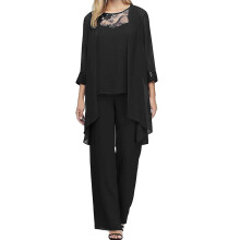 Festive Suit Women's Lace Blouse with Crew Neck Waist Trousers XL Black