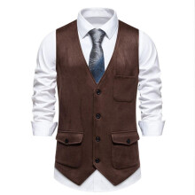 Men's Suit Vest Herringbone, Regular Fit VNeck Sleeveless Waistcoat, Coffee Color, Size L, Wedding Groom